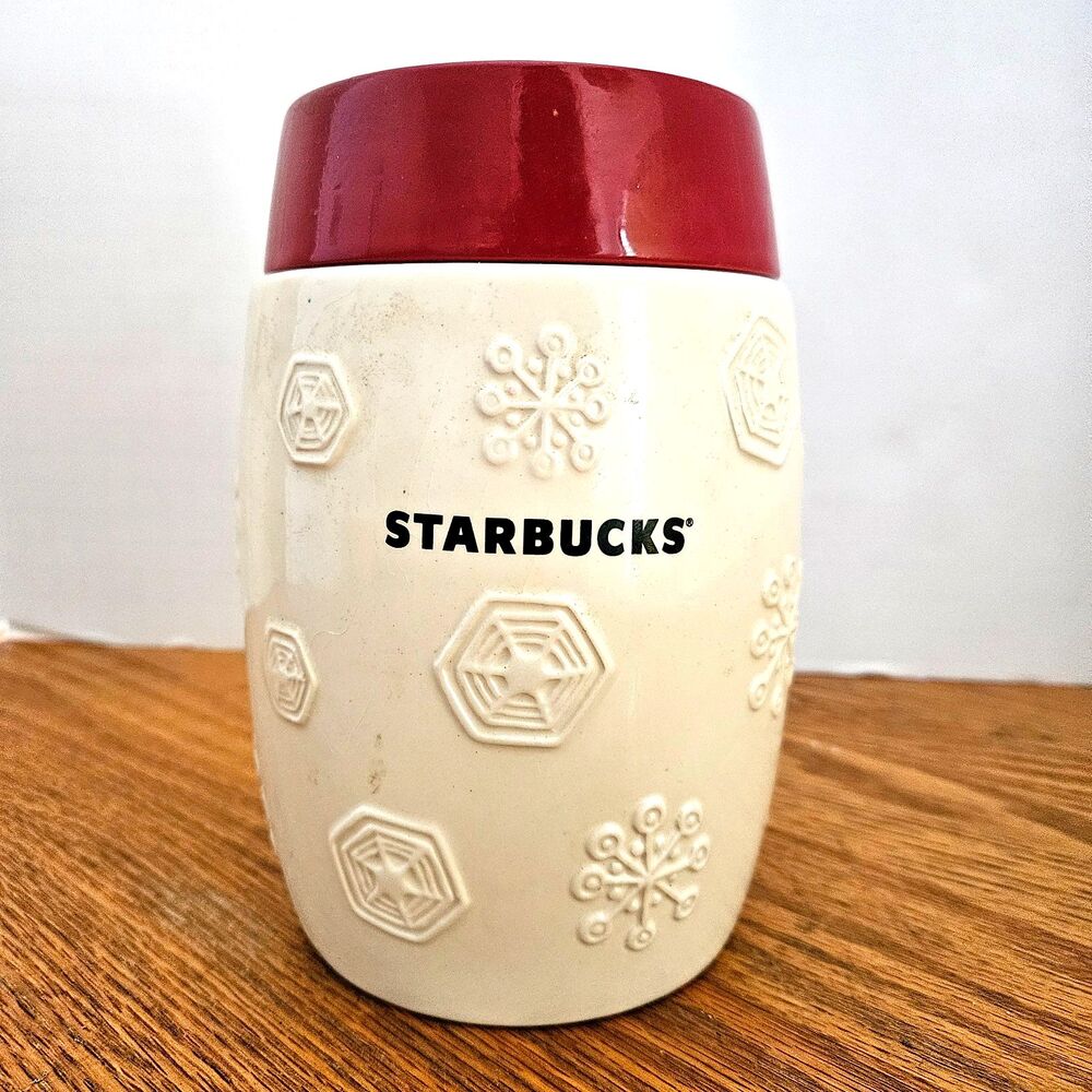Starbucks Coffee Tea Canister Embossed Ceramic Red & White Snowflake 12 oz 2011